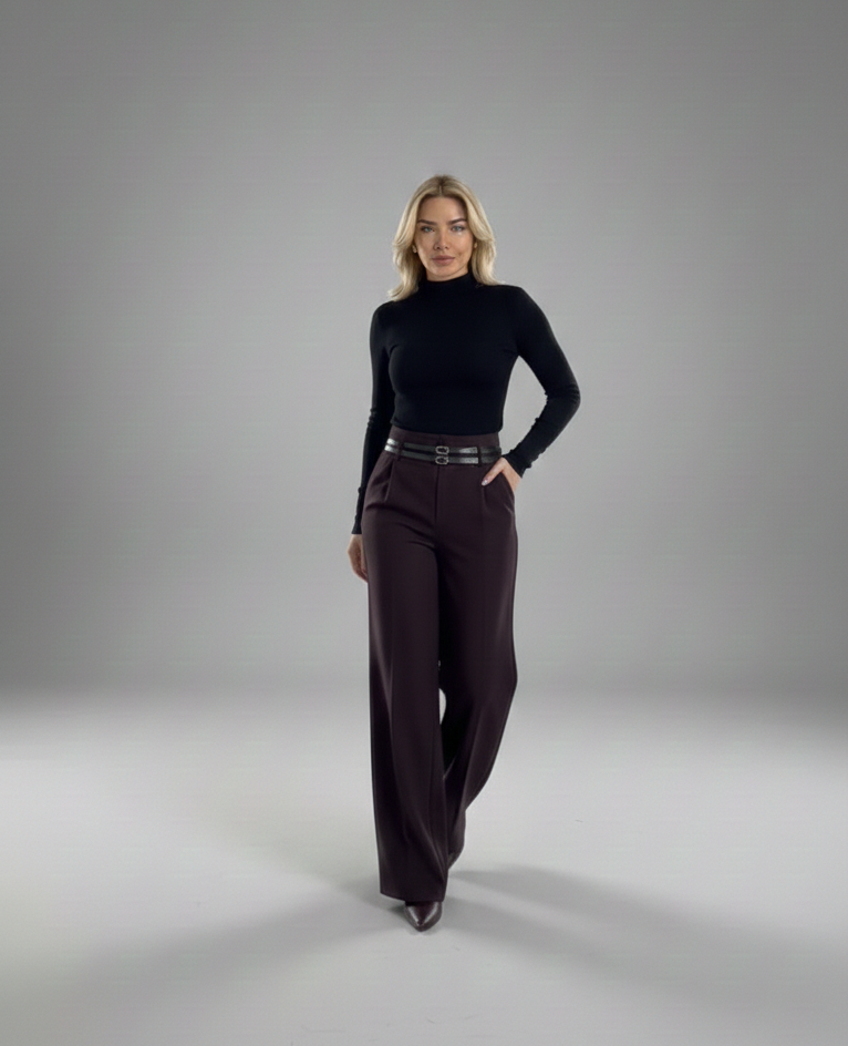 Kemerli Palazzo Kumaş Pantolon - Siyah