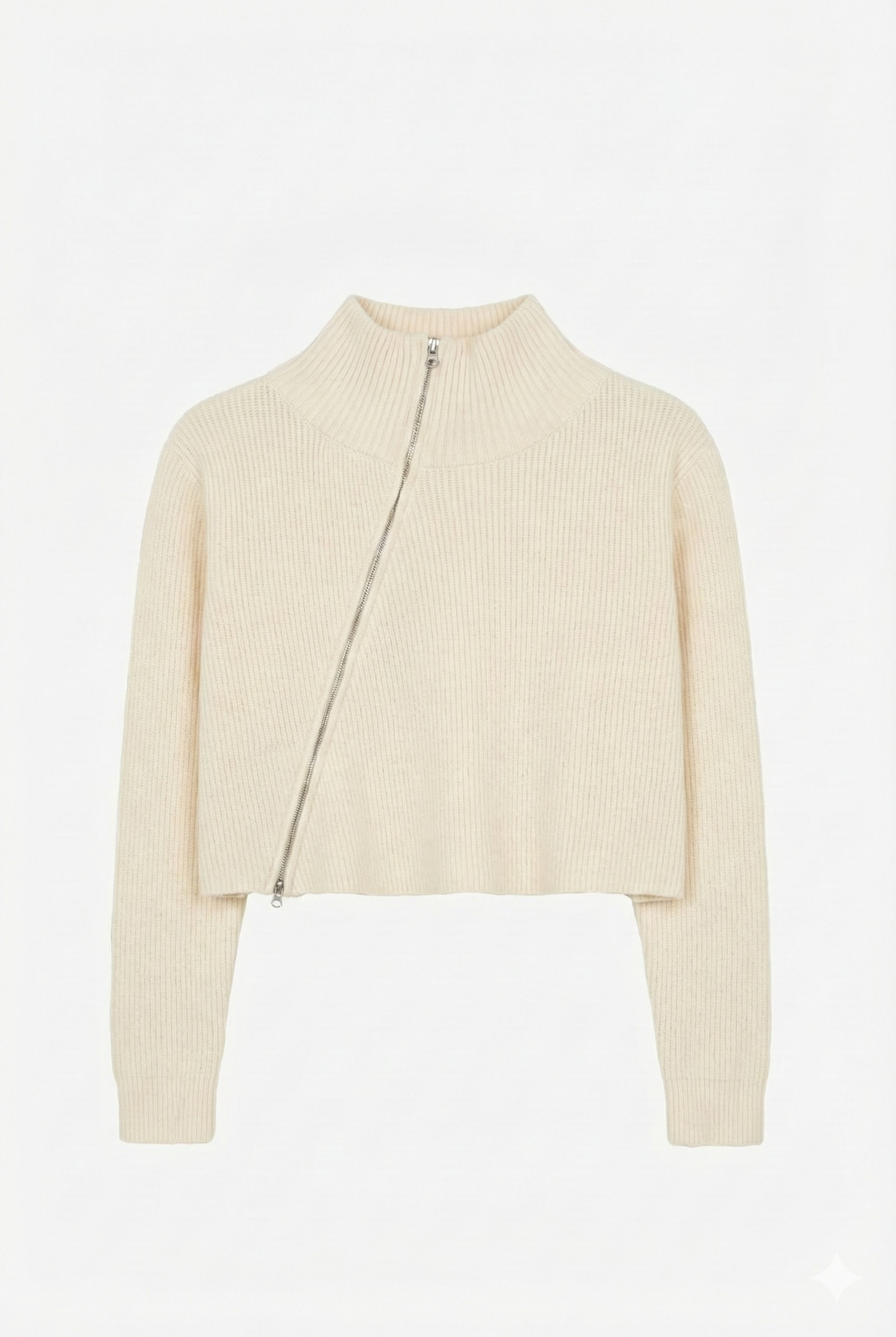 Asimetrik Fermuarlı Triko - Krem