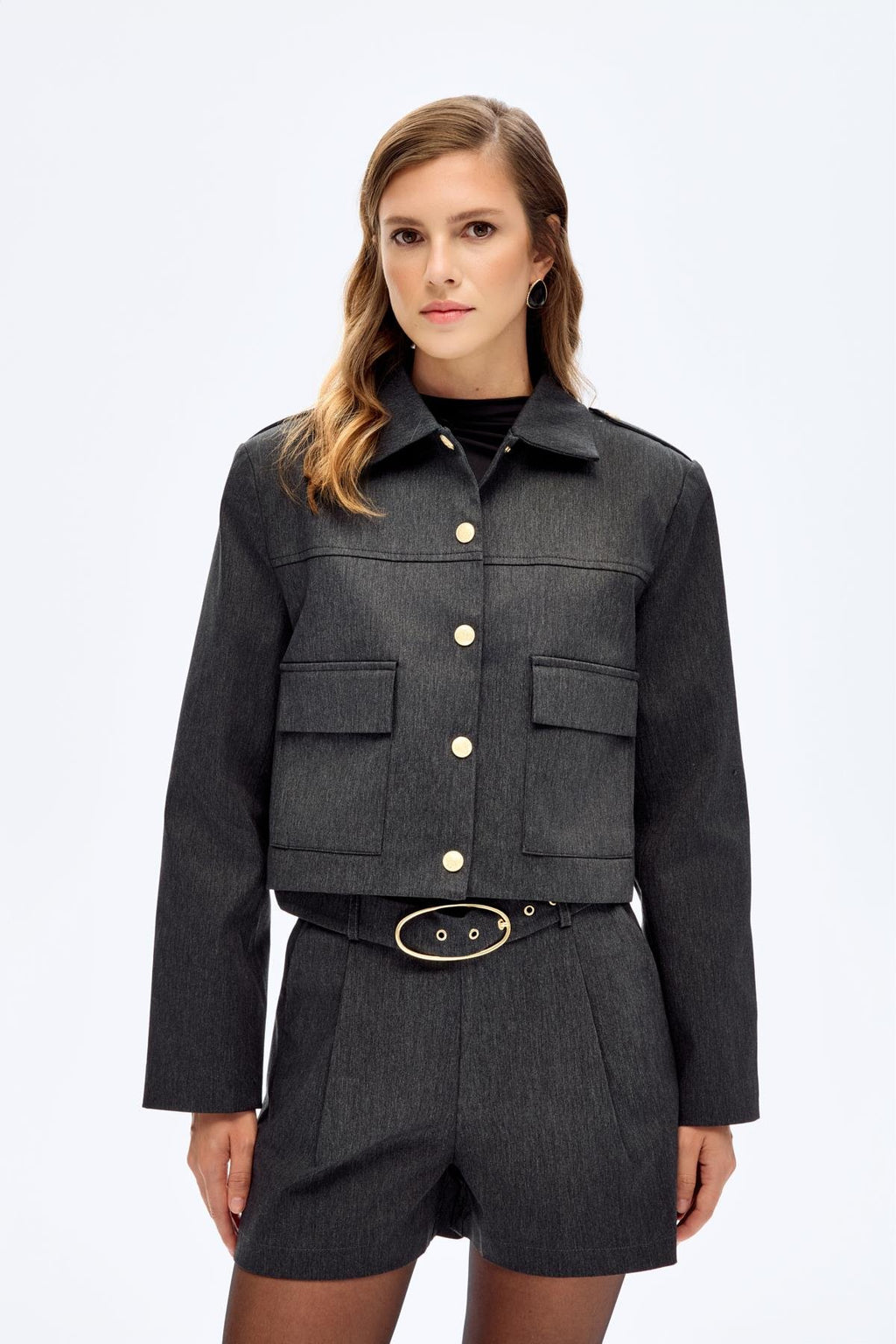 Apolet Detaylı Crop Ceket - Antrasit