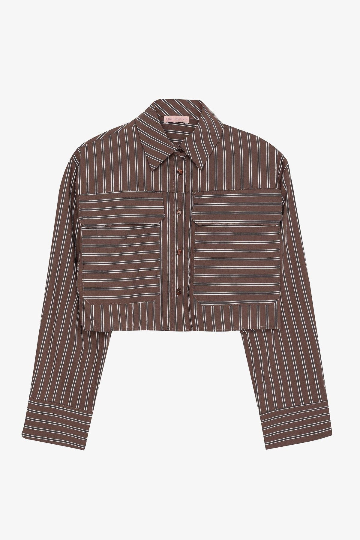 Cepli Çizgili Crop Gömlek - Kahve