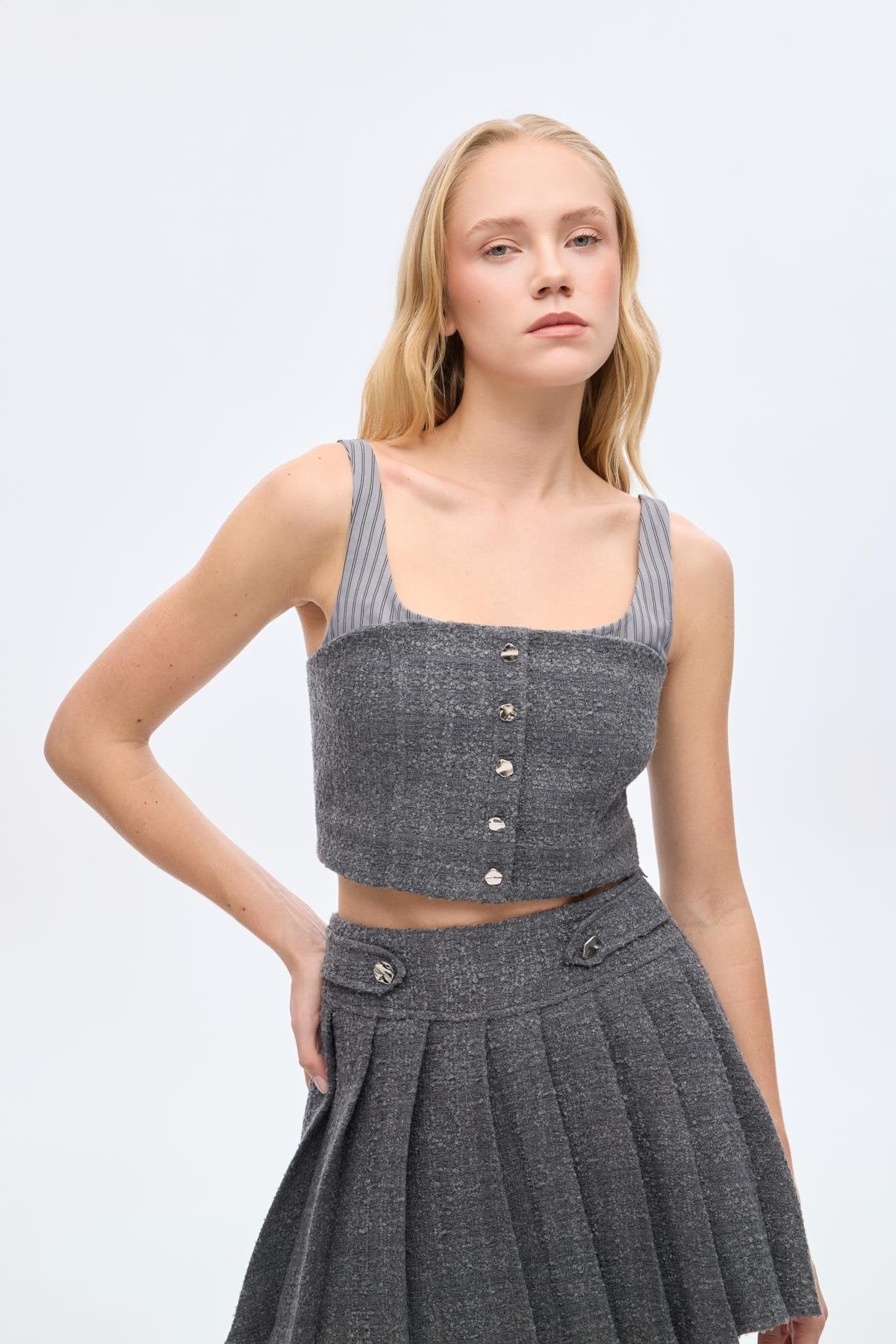 Çizgi Detaylı Tüvit Büstiyer - Antrasit