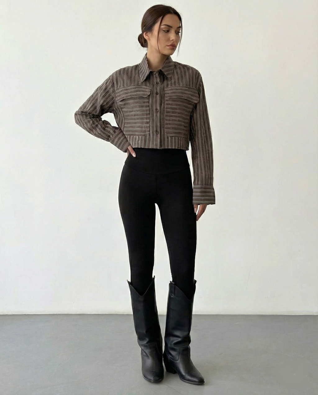 Cepli Çizgili Crop Gömlek - Kahve