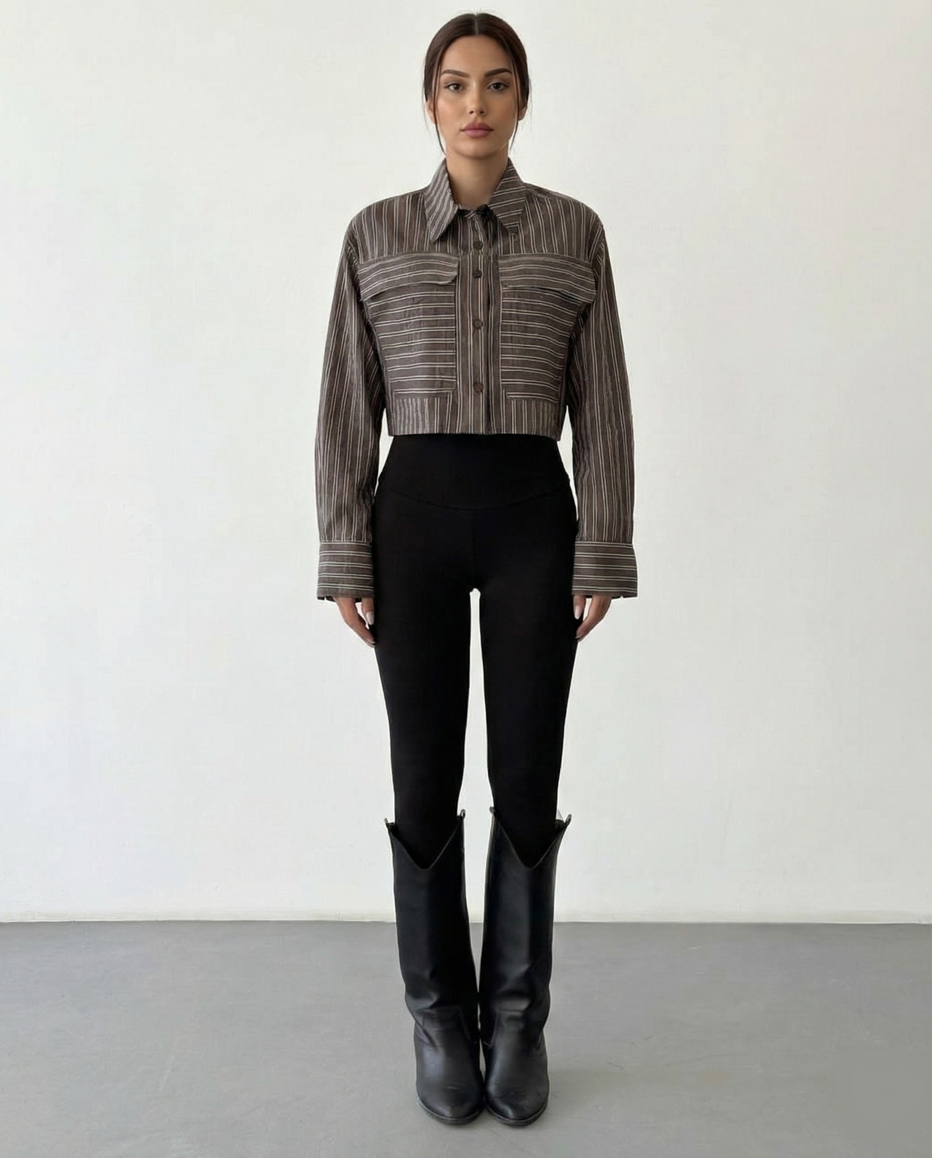 Cepli Çizgili Crop Gömlek - Kahve