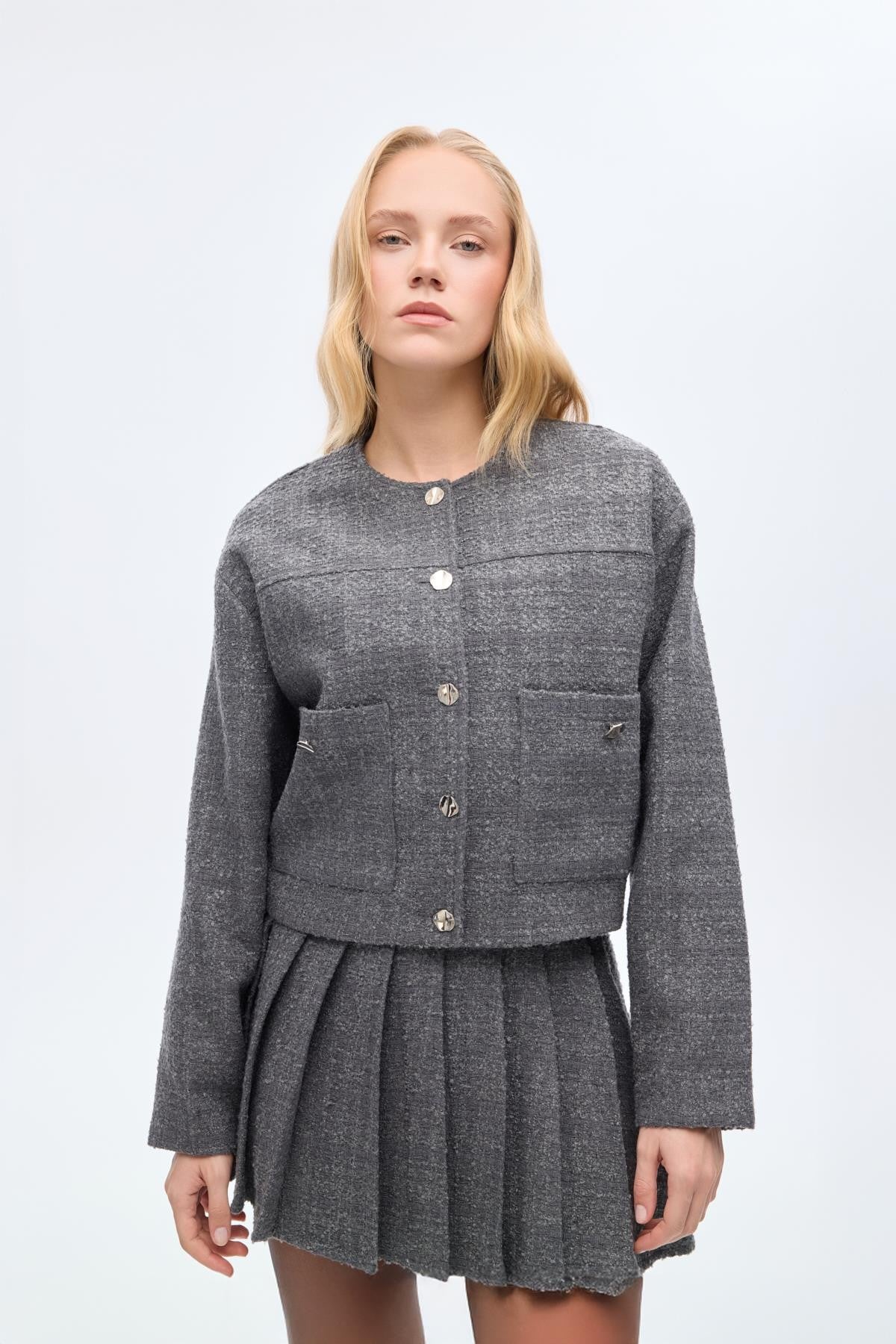 Metal Düğmeli Tüvit Ceket - Antrasit