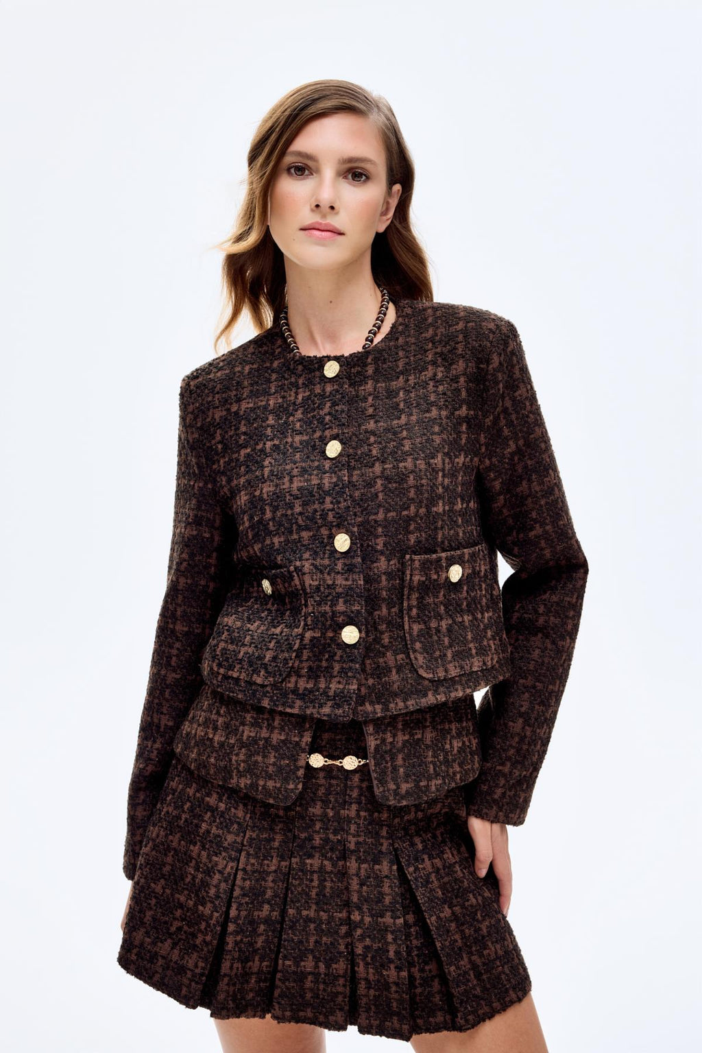 Gold Düğmeli Tüvit Ceket - Kahve