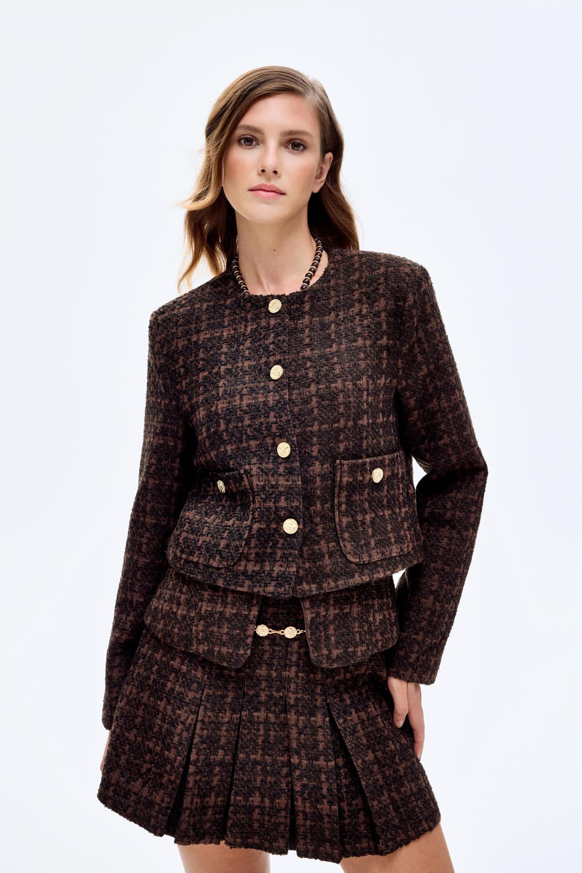 Gold Düğmeli Tüvit Ceket - Kahve