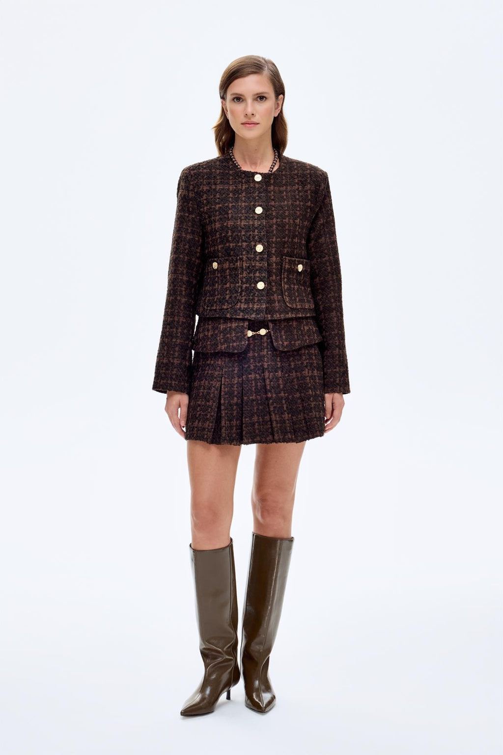 Gold Düğmeli Tüvit Ceket - Kahve