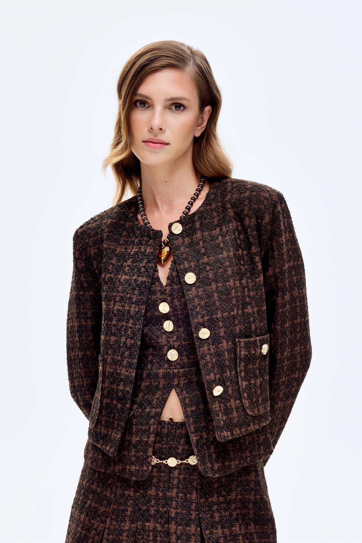 Gold Düğmeli Tüvit Ceket - Kahve