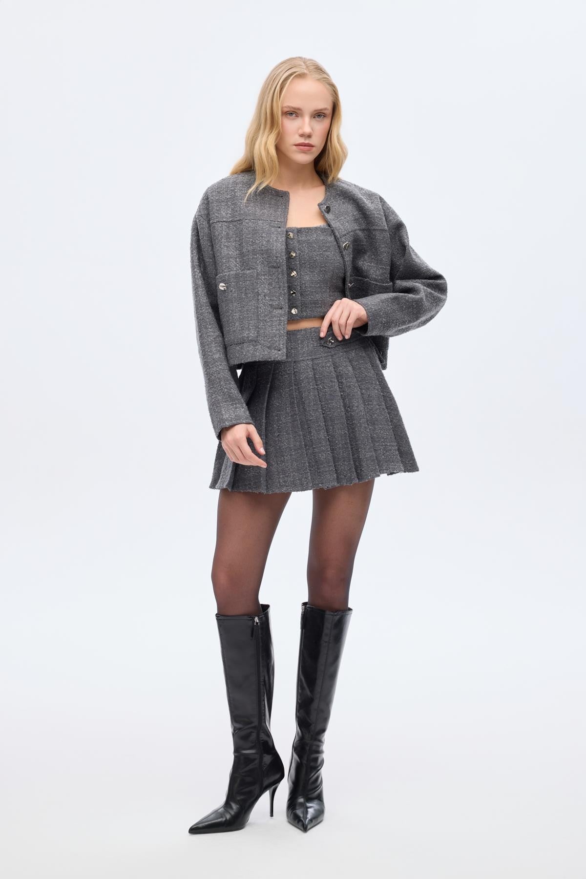 Düğme Detaylı Pileli Tüvit Etek - Antrasit