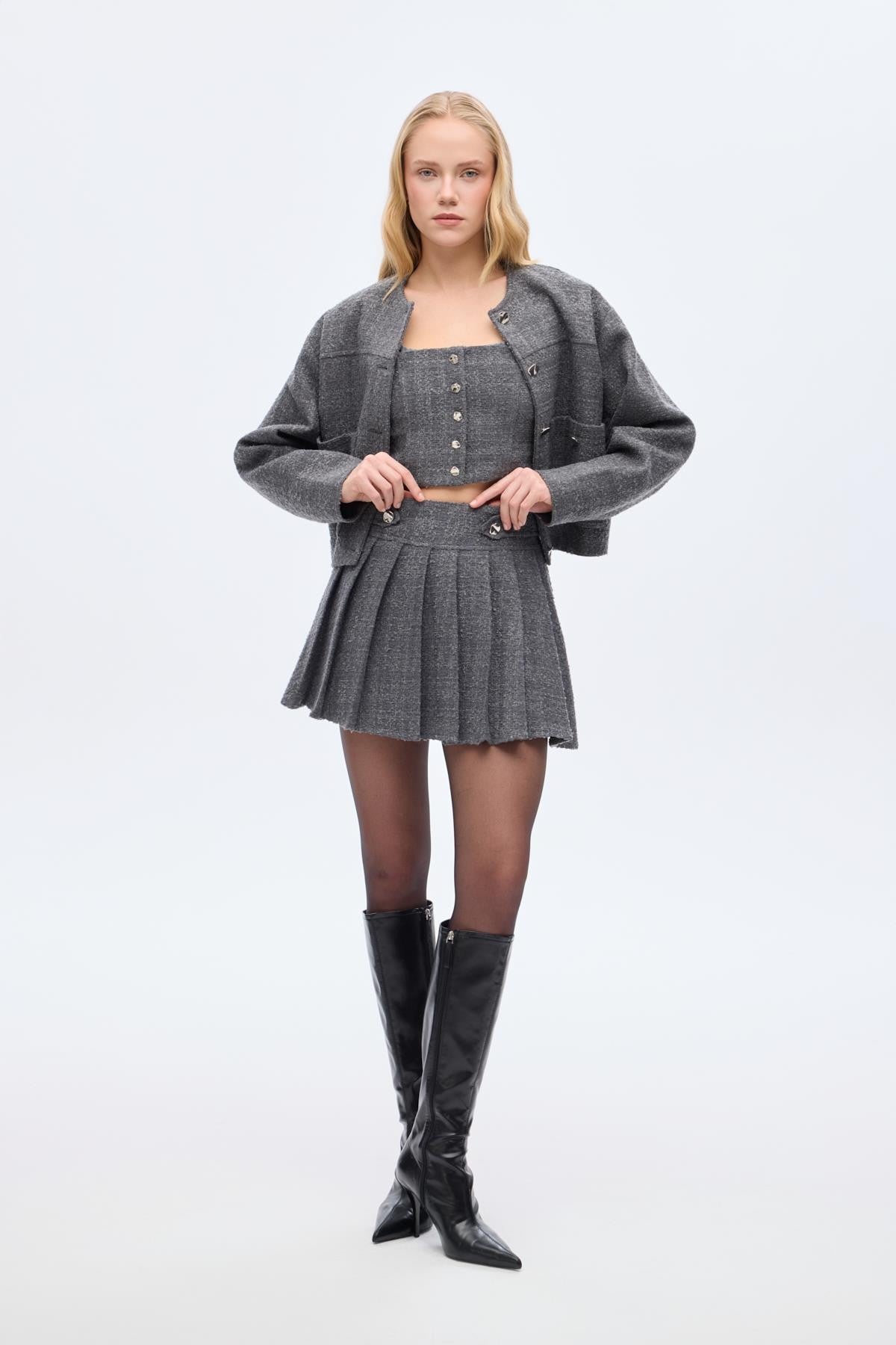 Düğme Detaylı Pileli Tüvit Etek - Antrasit