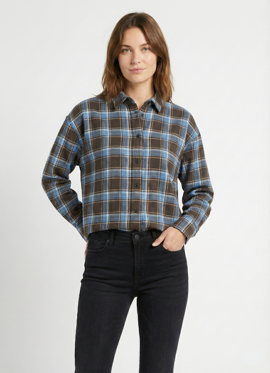 Ekose Oversize Gömlek - Mavi/Kahve