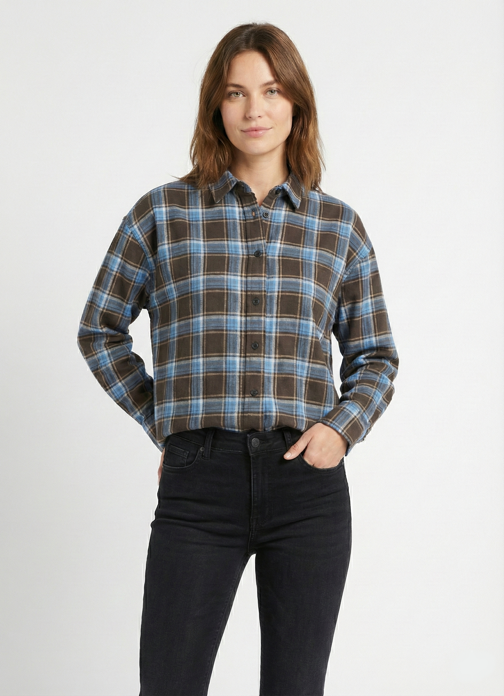 Ekose Oversize Gömlek - Mavi/Kahve