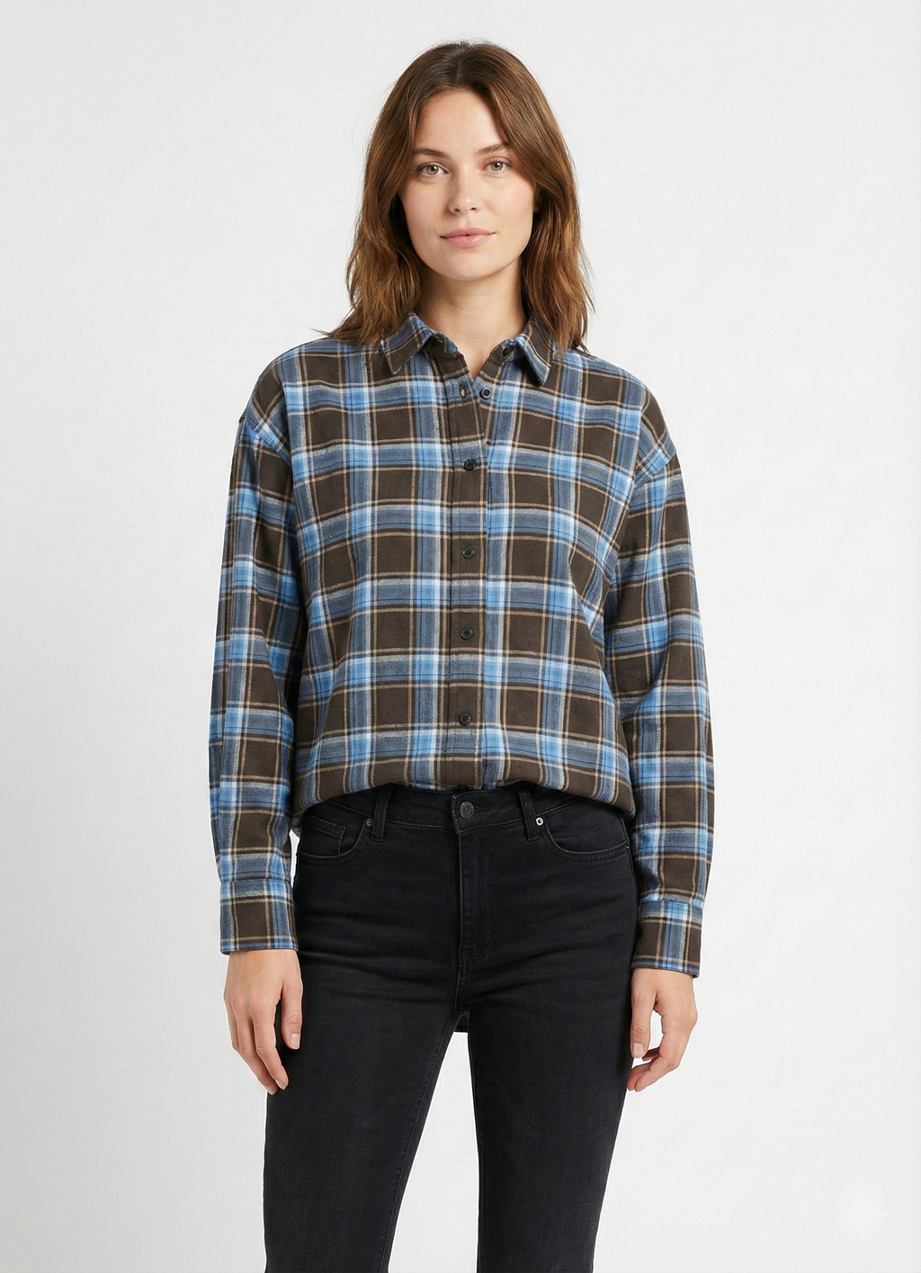 Ekose Oversize Gömlek - Mavi/Kahve