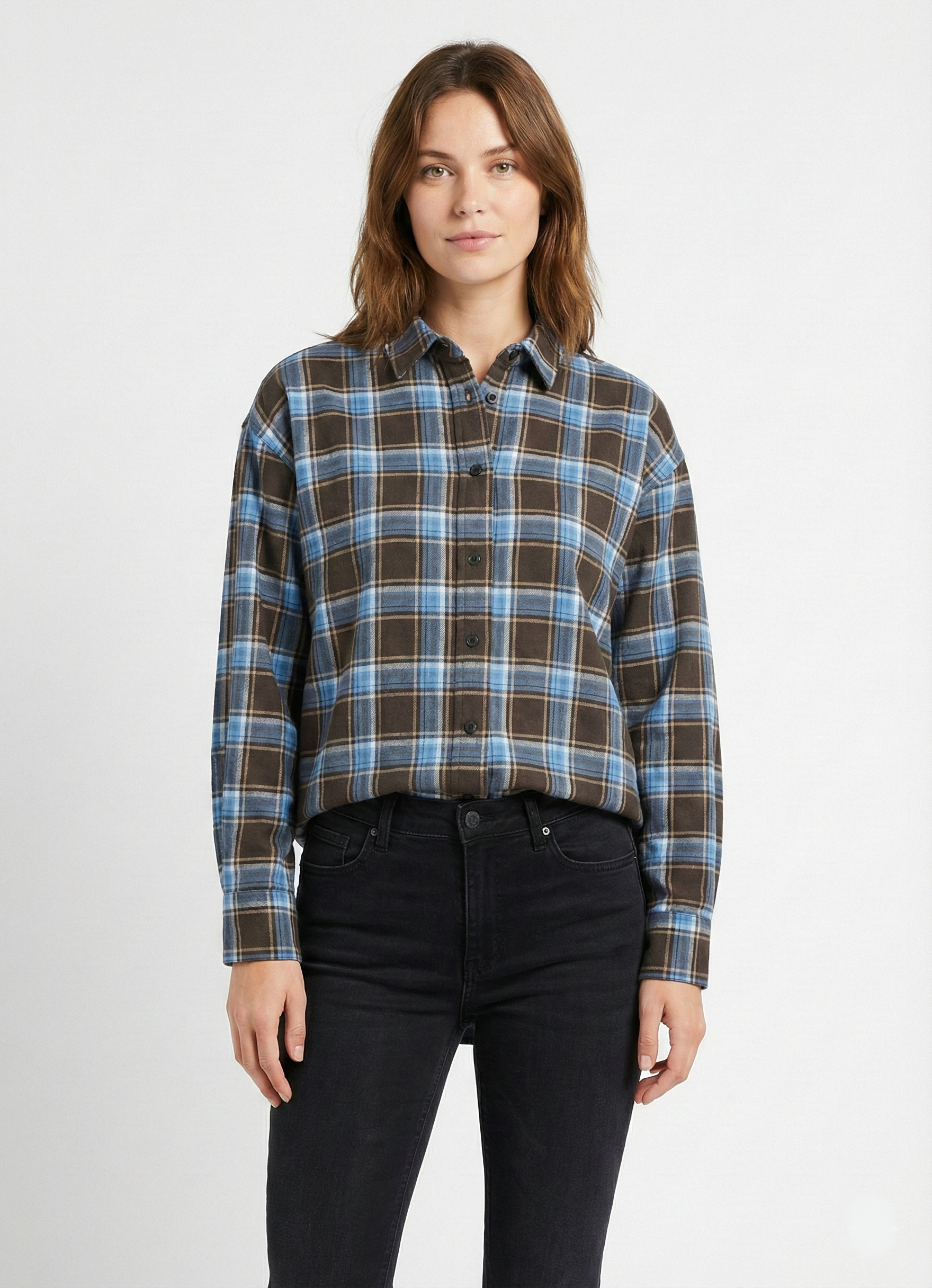 Ekose Oversize Gömlek - Mavi/Kahve