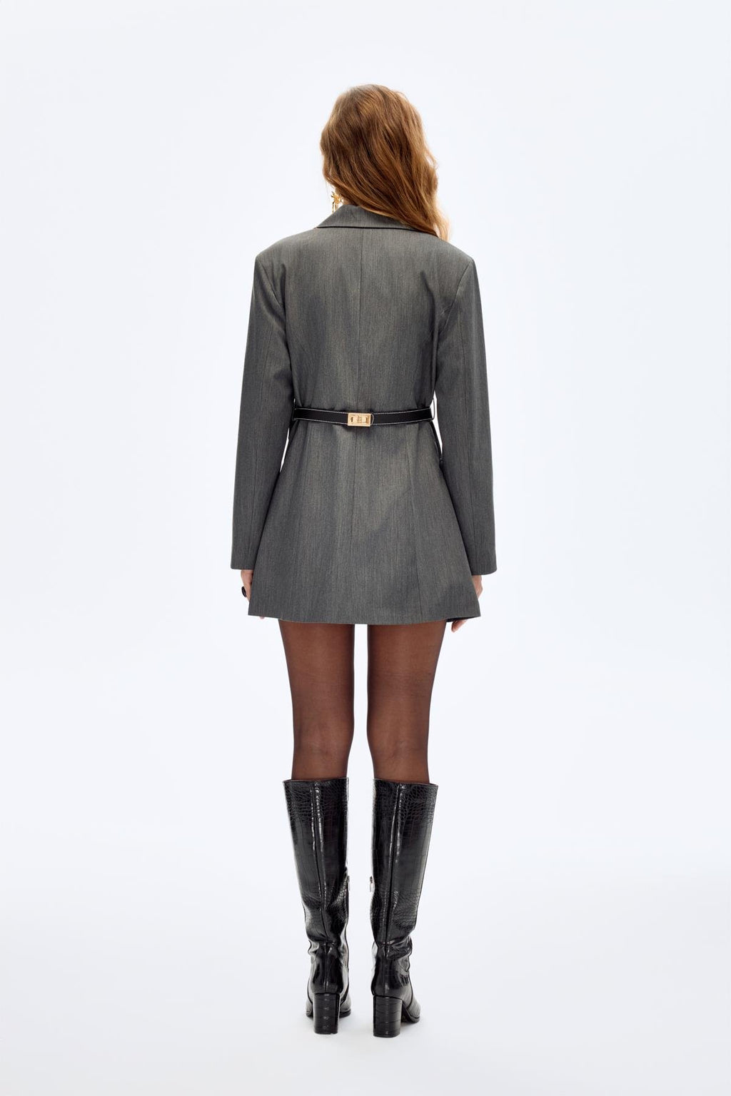 Kemer Çantalı Ceket Elbise - Gri