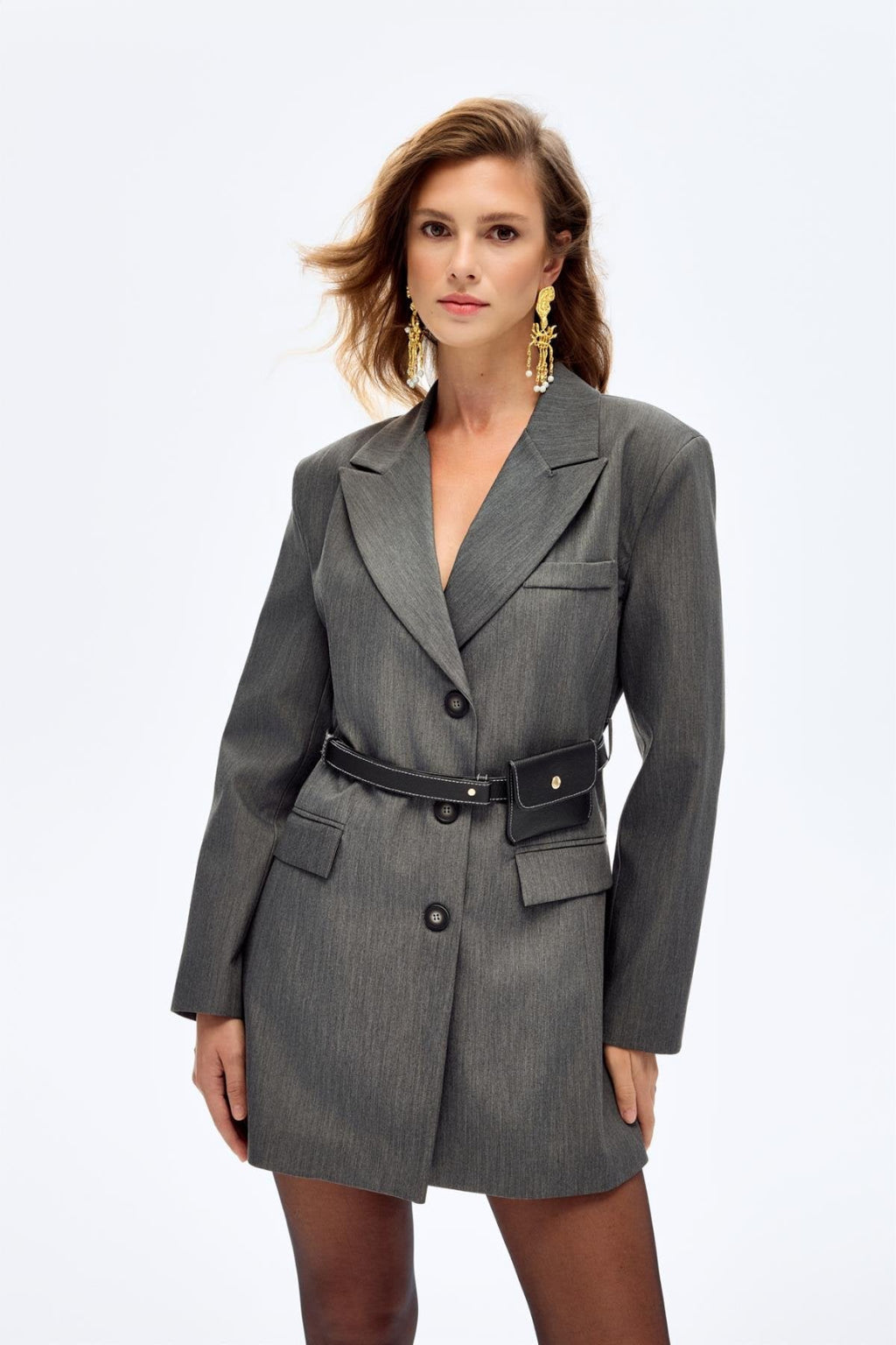 Kemer Çantalı Ceket Elbise - Gri