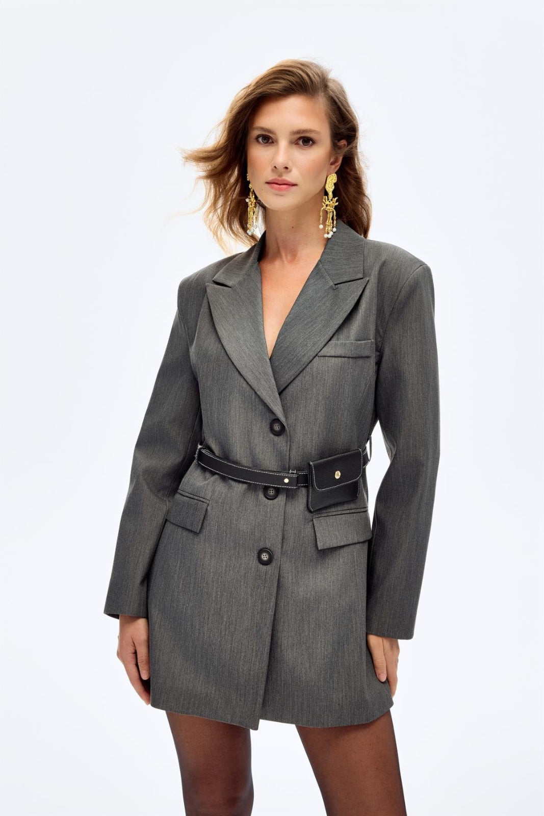 Kemer Çantalı Ceket Elbise - Gri