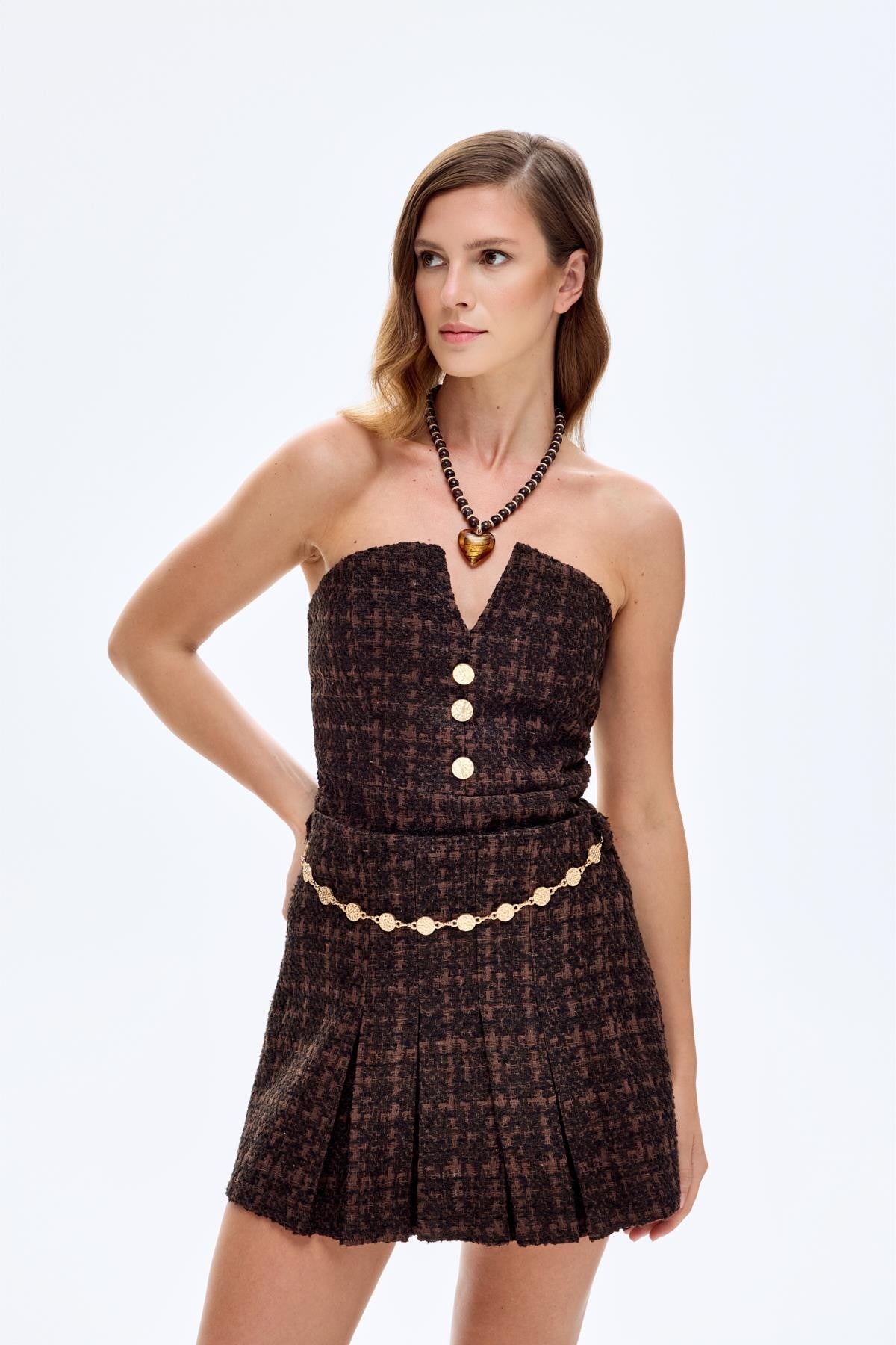 Zincir Kemerli Tüvit Etek - Kahve