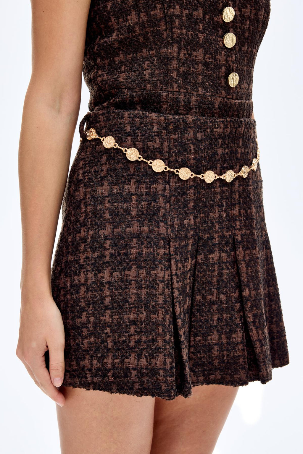 Zincir Kemerli Tüvit Etek - Kahve