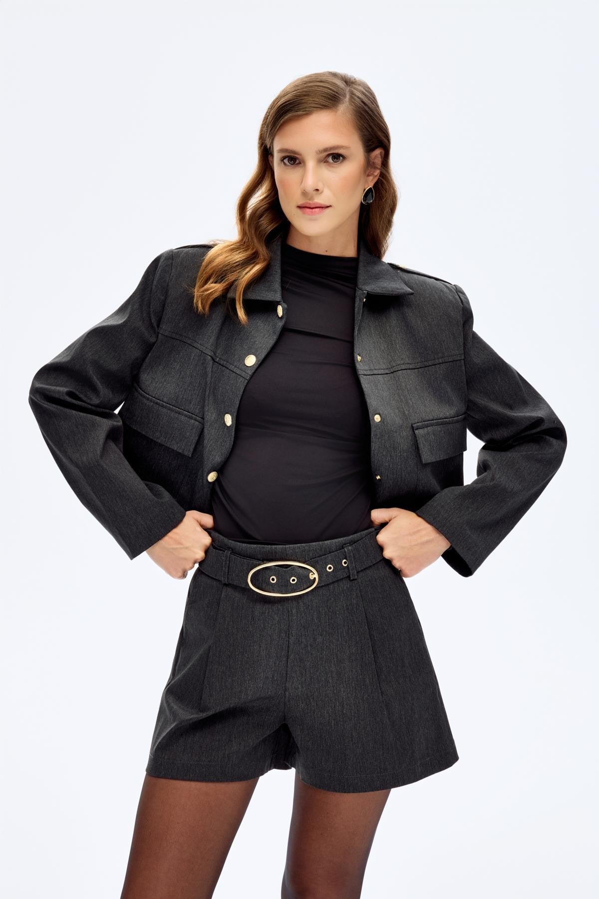 Gold Toka Kemerli Şort - Antrasit