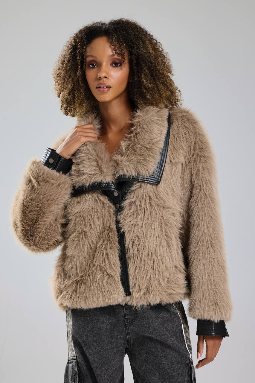 Deri Detaylı Kürklü Ceket - Bej