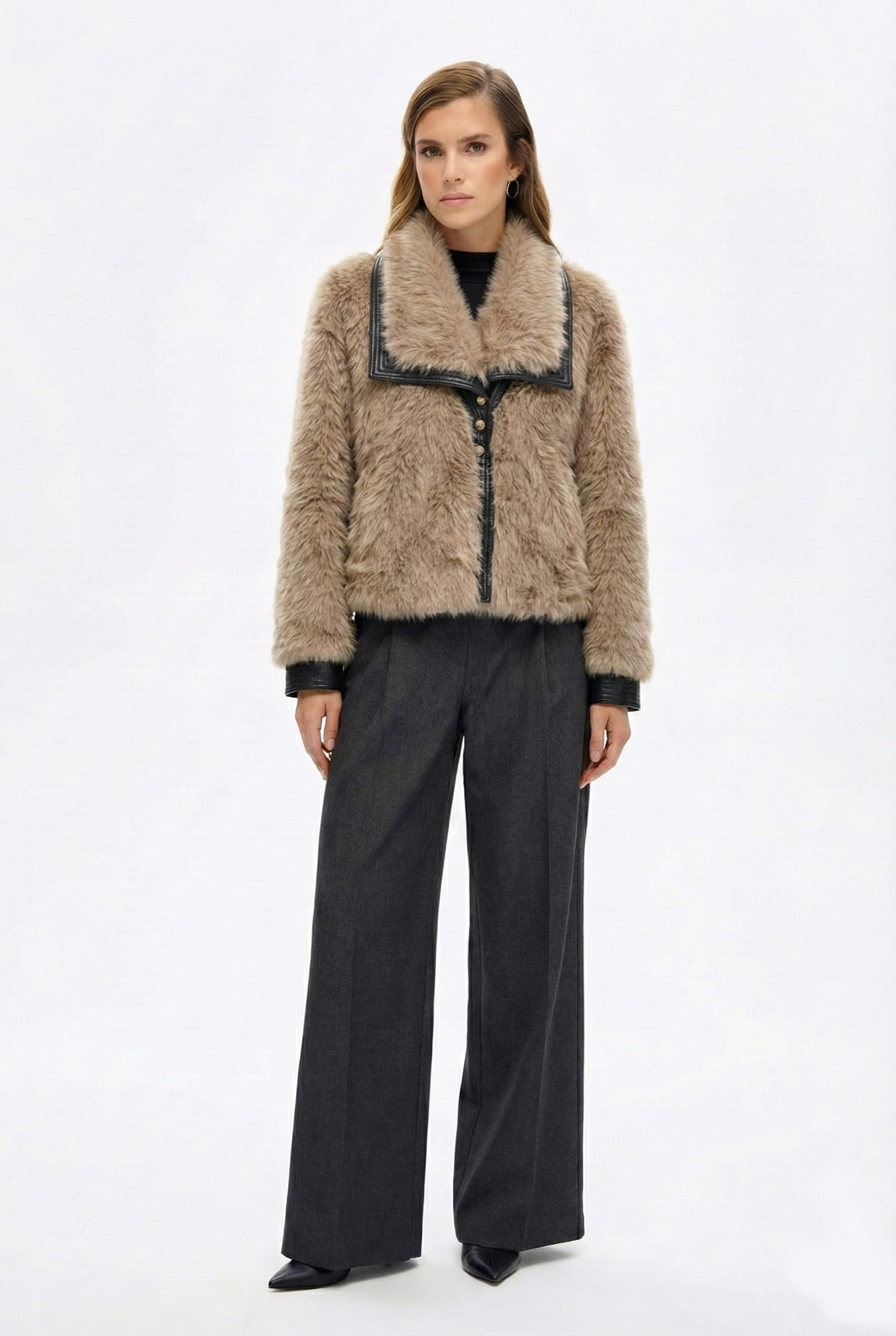 Deri Detaylı Kürklü Ceket - Bej