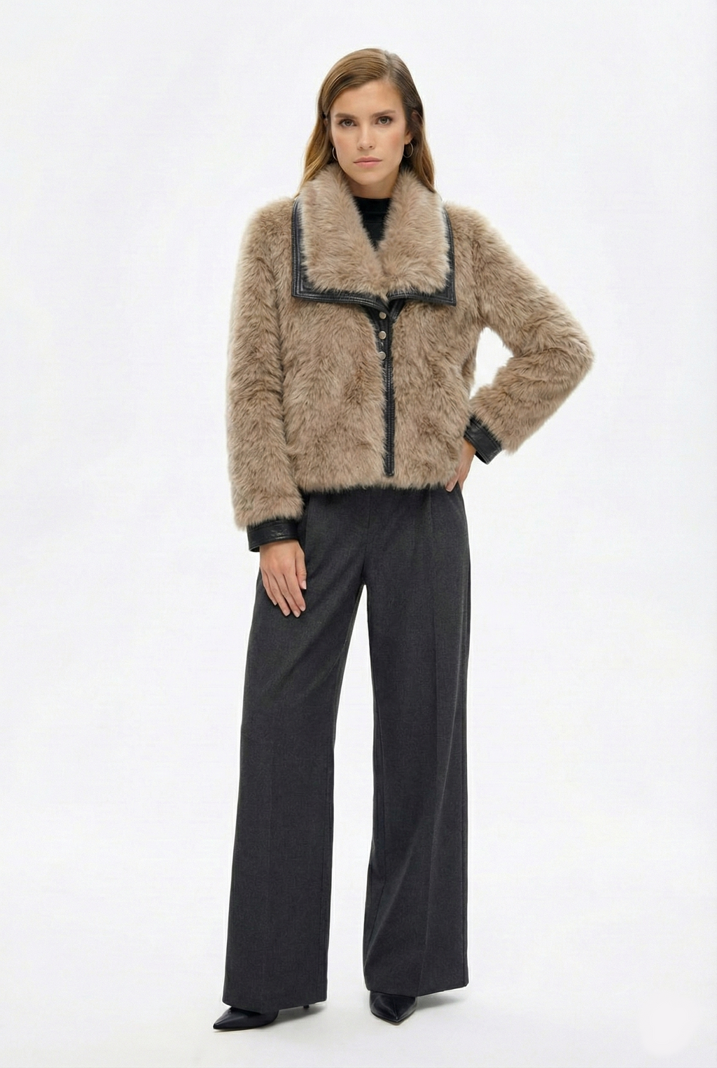 Deri Detaylı Kürklü Ceket - Bej