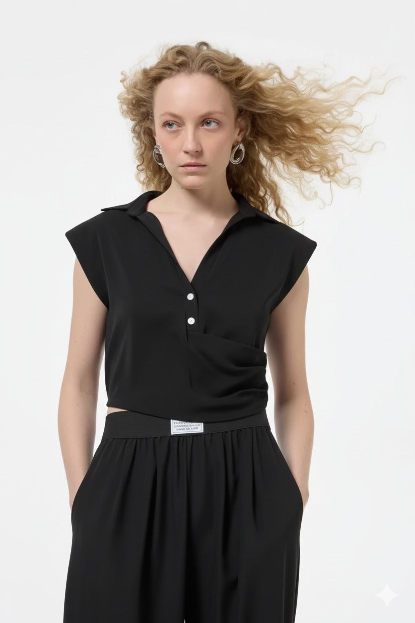 Drapeli Kruvaze Bluz - Siyah