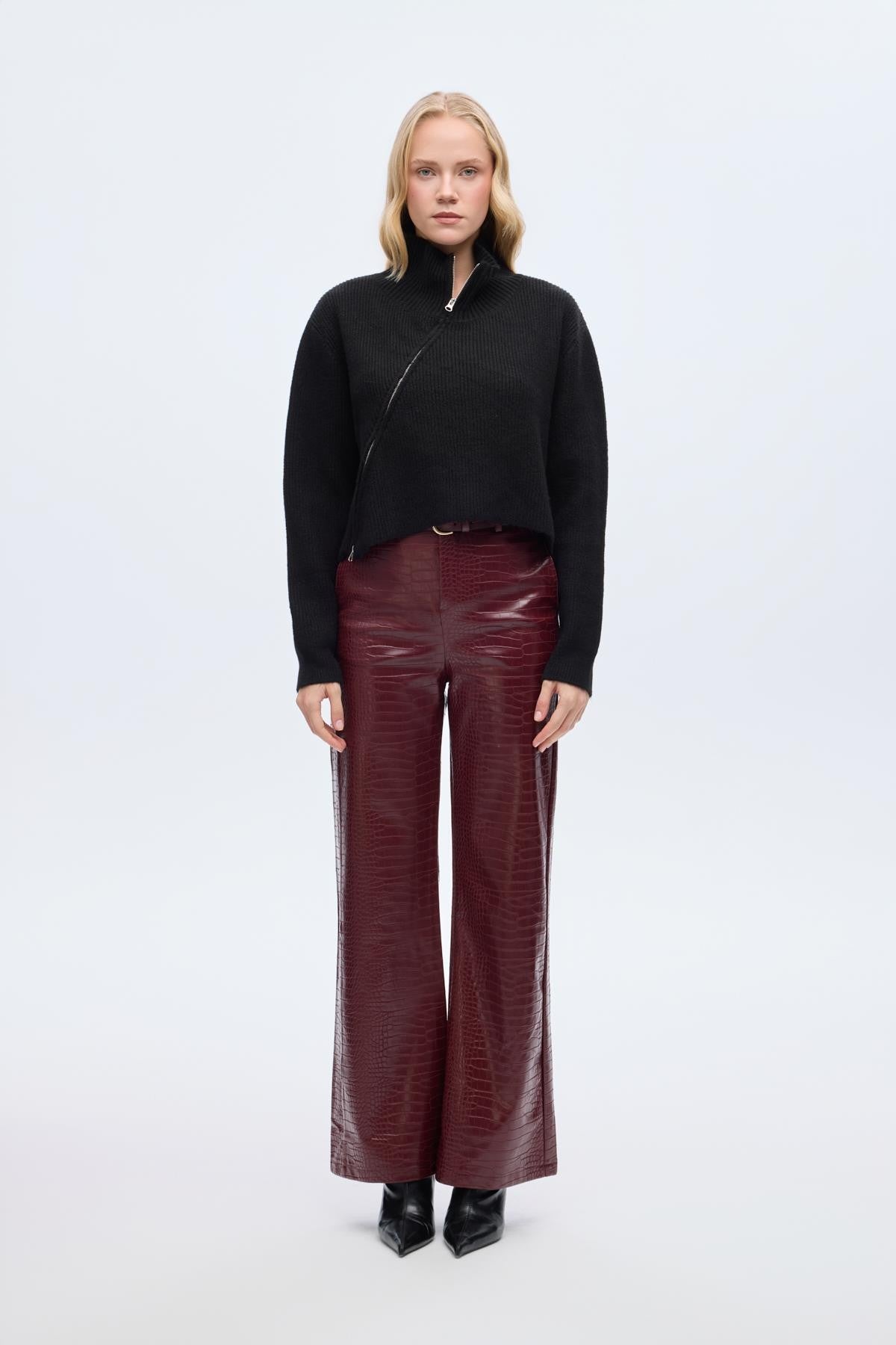 Asimetrik Fermuarlı Triko - Siyah